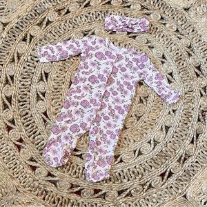 KYLE & DEENA Floral Waffle Knit Footed Onesie with matching Headband, 6-9M